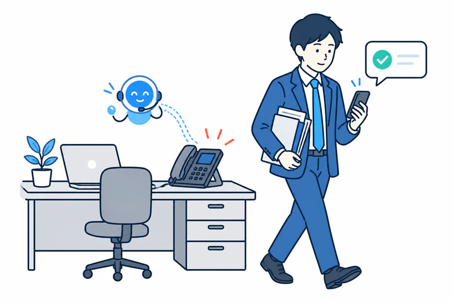 担当者の離席中もAIが電話を受け、応対結果をスマートフォンへ通知する様子