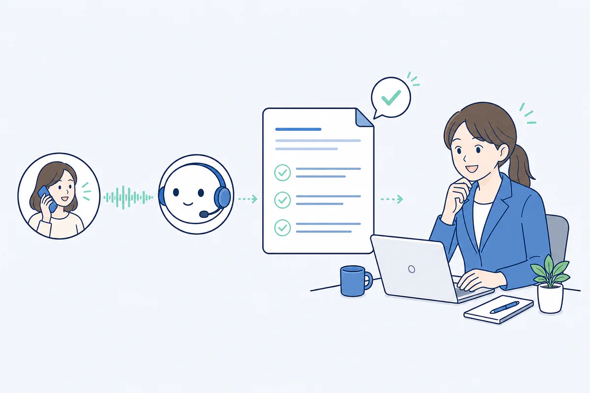 AIが通話を記録して内容を整理し、担当者へ報告するイメージ