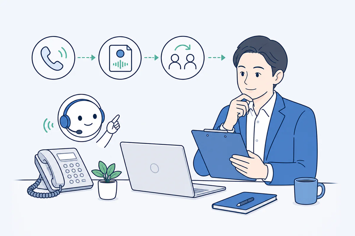 電話業務の流れをAIアシスタントと確認する業務担当者